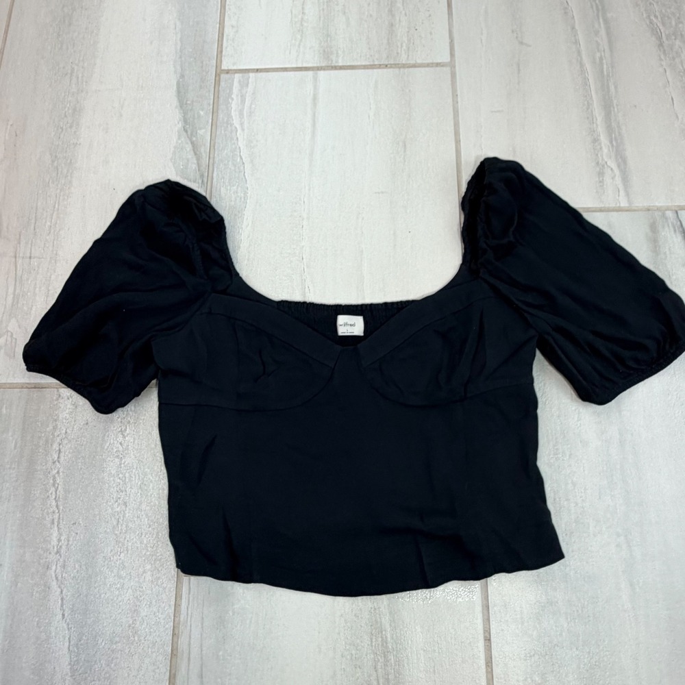 Wilfred Aritzia Black Puff Sleeve Sweetheart Smocked Crop Blouse Top Large SU22